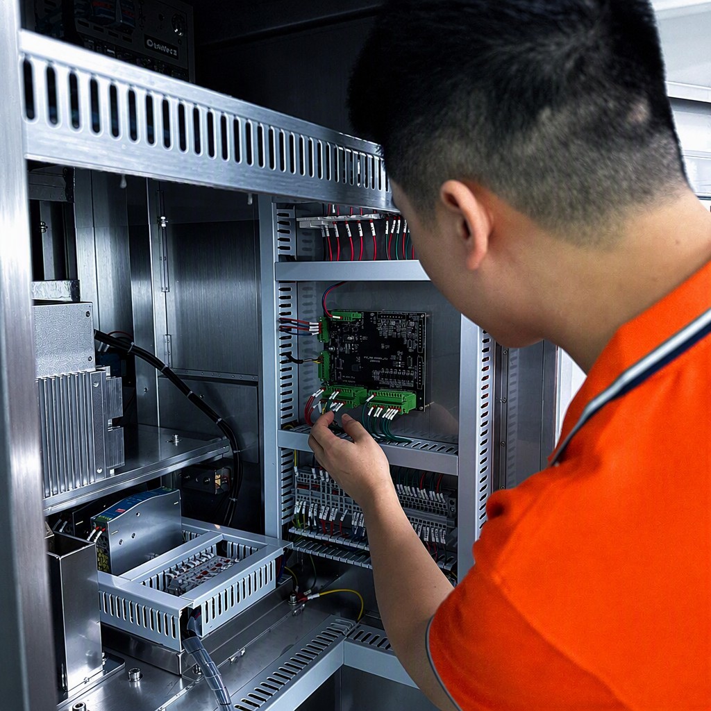 Chaoqiang technician inspecting electrical control cabinet